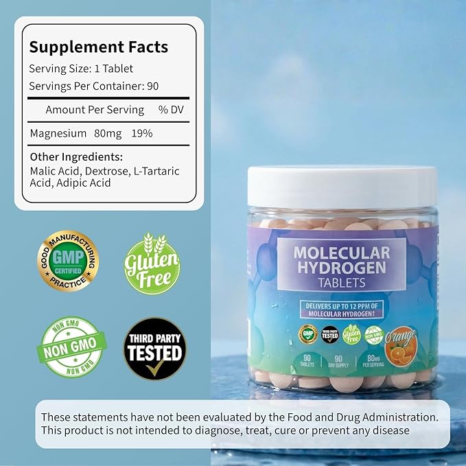 BODY C.E.O. Hydrogen Water Tablets with Magnesium | Molecular Hydrogen Tablet for Drinking Water | Support Energy Focus &amp Antioxidant Balance | Vegan &amp Gluten Free Supplement| 90 Count (Orange