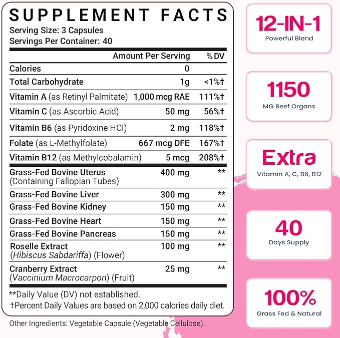 12-In-1 Beef Organ Supplement for Women - Beef Liver Uterus Kidney Heart Pancreas 5 Vitamins &amp 2 Herbs Hormone Balance Menstruation Energy Immune - 100% Grass Fed Pasture Raise - 120 Cap