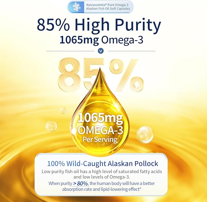 Nutrasumma High Purified Omega 3 Supplement Wild Alaskan Fish Oil Burpless &amp No Fishy Taste 650mg EPA &amp270mg DHA of 1250mg Fish Oil softgels Gluten Free Heart Brain&amp Immune Support 60
