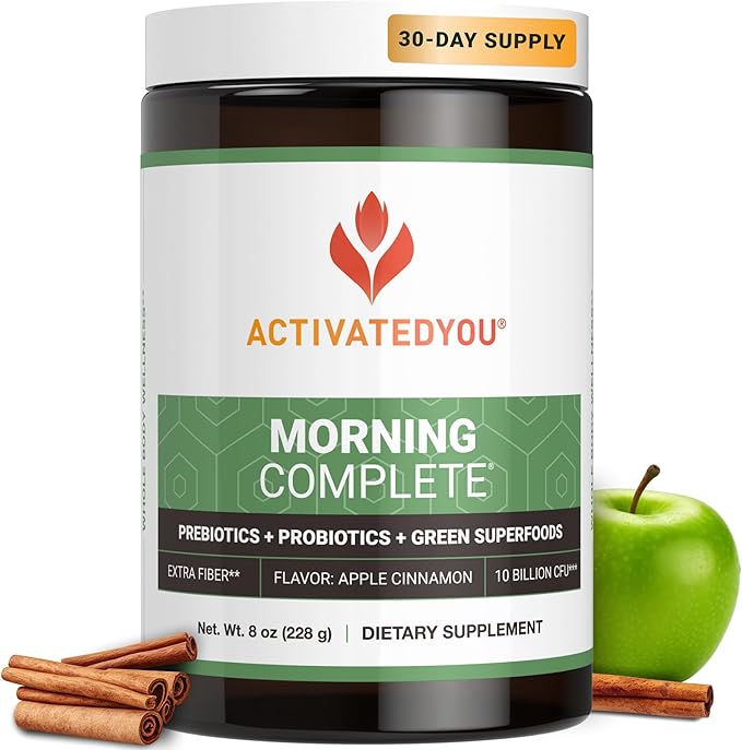 ACTIVATEDYOU Morning Complete Daily Wellness Greens Superfood Drink Mix for Gut Health w/Prebiotics Probiotics Antioxidants Green Superfoods 10 Billion CFUs 30 Servings (Apple Cinnamon)