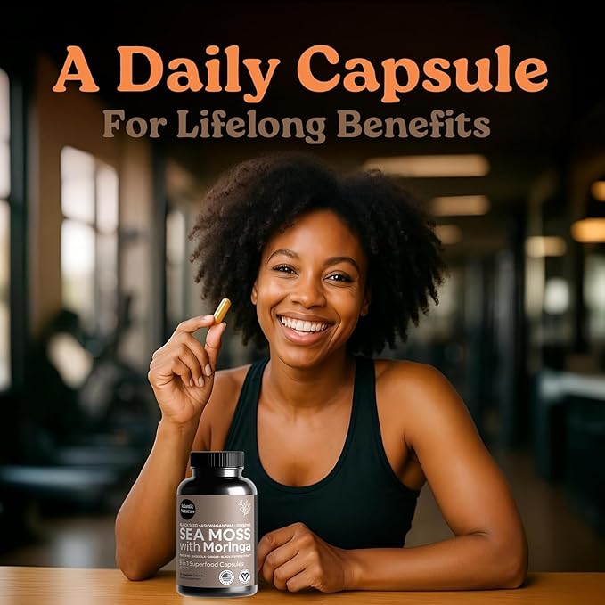 Atlantic Naturals Sea Moss Capsules – Irish Sea Moss with Black Seed Oil Ashwagandha Moringa Ginseng &amp Ginger for Energy Vitality &amp Wellness – Nutritional Supplement – Made in USA – 60 Cap