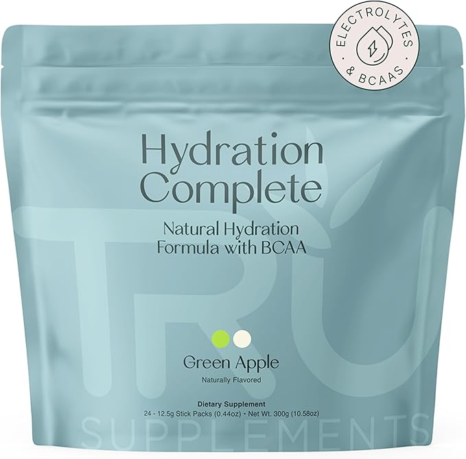 TRU Supplements Hydration Complete BCAA Plant Based Amino Acids + Pink Himalayan Salt Electrolytes &amp L-Carnitine Vegan Zero Calories No Artificial sweeteners 24 Servings Green Apple