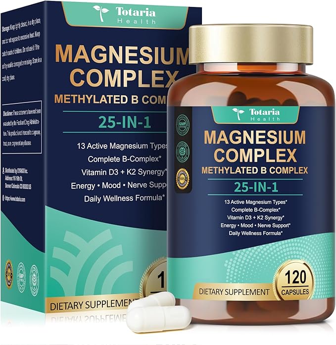 25-in-1 Magnesium Complex with Methylated B Complex 1000mg Magnesium Complex for Women &amp Men with Magnesium Glycinate 400mg 120 Vegan Capsules per Bottle 2 Bottles