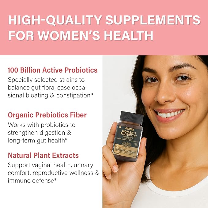 Probiotics for Women – Women’s Probiotic for Digestive Vaginal Urinary Health &amp pH Balance – 100 Billion CFU 11 Strains with Organic Prebiotics Cranberry Extract D-Mannose – Non-GMO 120 Caps