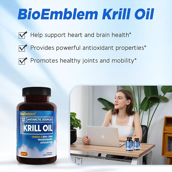 BioEmblem 3 Pack Antarctic Krill Oil 1000mg Softgels Omega-3s Oil with High Levels of EPA + DHA Astaxanthin and Phospholipids Supports Brain Health 180-Count Non-GMO Gluten Free 90 Days Supply