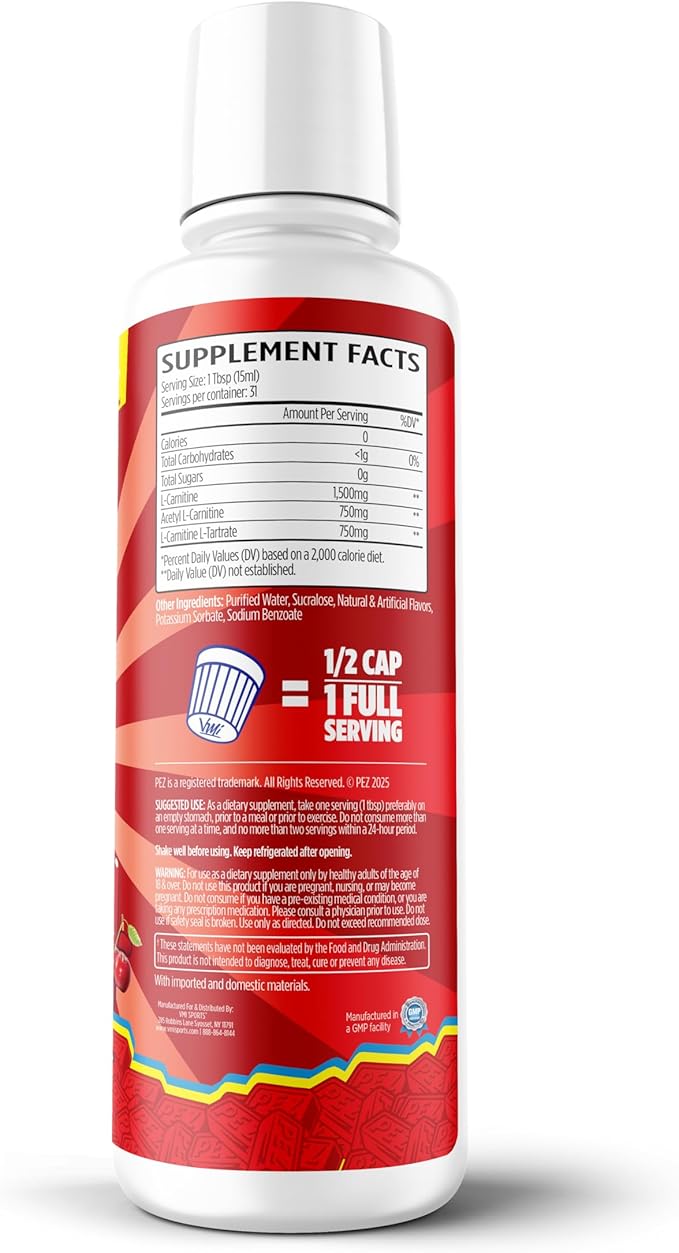 VMI Sports L-Carnitine 3000 Liquid | 3000 mg Carnitine Supplement | Zero Calorie Zero Sugar Keto Friendly for Men and Women – Great Tasting| 31 Servings (PEZ Cherry)