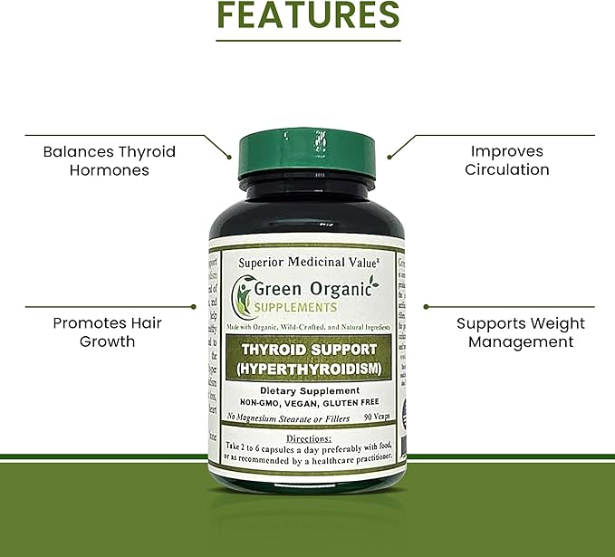Green Organic Supplements Thyroid &amp Hyperthyroidism High Absorbable Non-GMO Gluten-Free