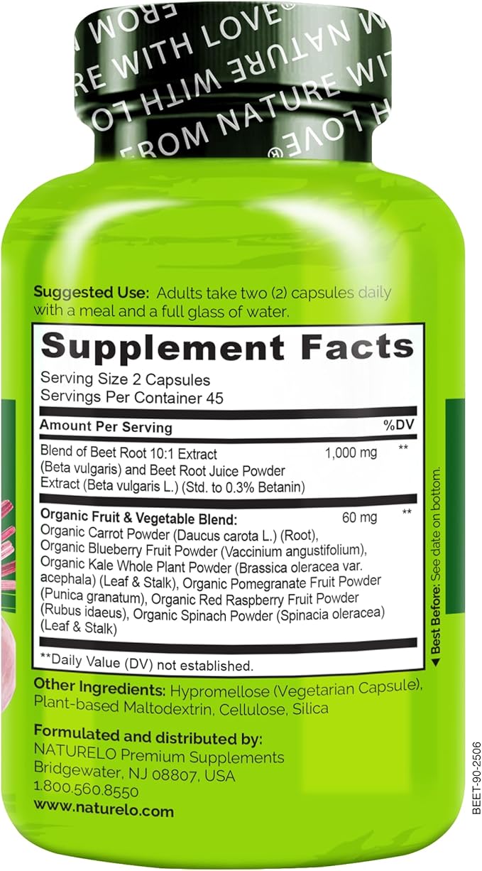 NATURELO Beet Root 90 Capsules – Heart Health &amp Blood Pressure Support* – 1000mg Beet Root Extract + Whole Food Blend – Non-GMO Vegan Gluten-Free