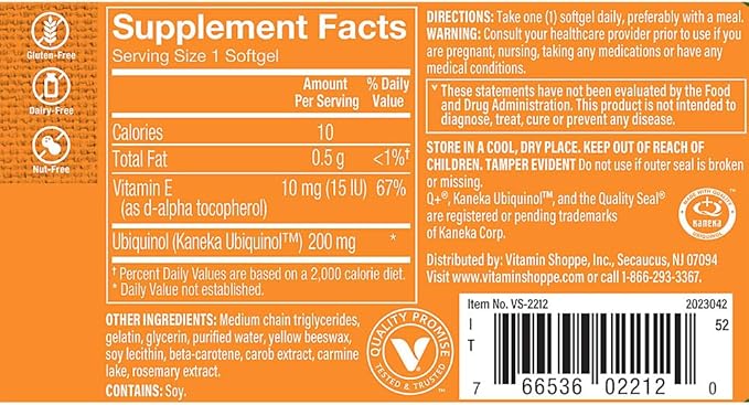 The Vitamin Shoppe Ubiquinol CoQ-10 200mg Beneficial for Those (30 Softgels)