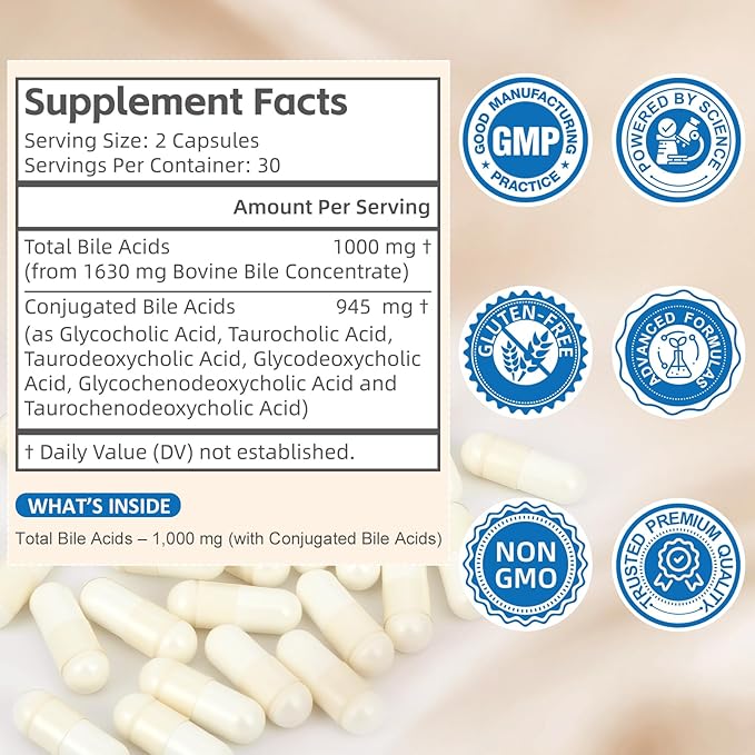 Conjugated Bile Acid Supplement 1000mg – Supports Fat Digestion &amp Absorption of Fats &amp Fat-Soluble Nutrients Gut Comfort &amp Nutrient Utilization 60 Capsules 30 Day Supply