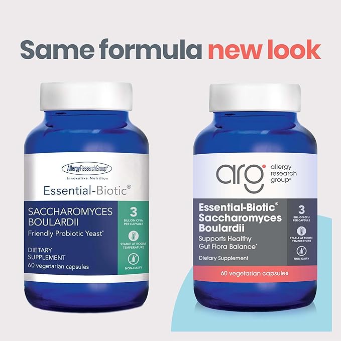 Allergy Research Group Essential-Biotic Saccharomyces Boulardii 450mg Probiotic Supplement - S. Boulardii Probiotic Yeast Friendly Bacteria Establishment GI Tract Support - 60 Count