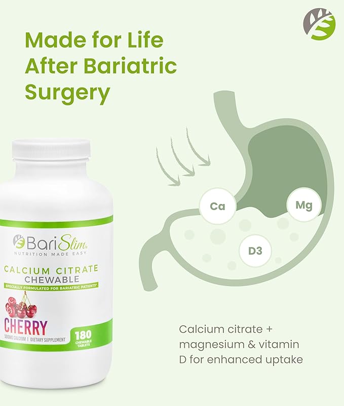 BariSlim Bariatric Calcium Citrate with Magnesium &amp Vitamin D Tabs - 500mg Calcium Citrate - Formulated for Post Weight Loss Surgery - Supports Bone Health | Cherry | 180 Tablets