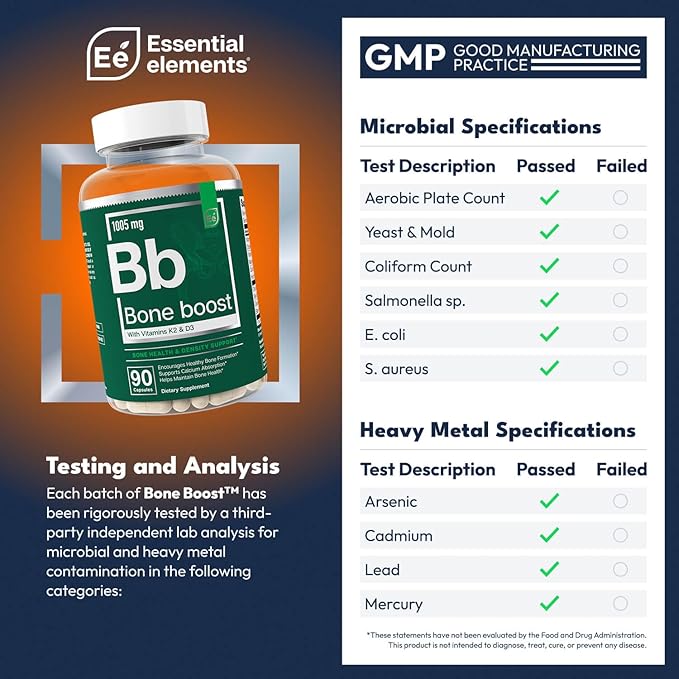 Essential Elements Bone Boost Bone Health Supplement - Bone Support and Calcium Supplement with Vitamin D 3 K2 Cissus Quadrangularis for Bone Strength - 90 Capsules (30 Day Supply)