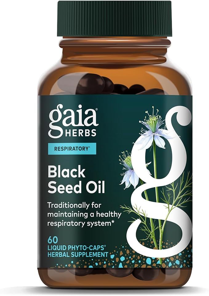 Gaia Herbs Black Seed Oil - Cold-Pressed Capsules with Nigella Seed Traditionally Used for Lung Respiratory &amp Antioxidant Support* - Herbal Supplement - 60 Vegan Liquid Phyto-Caps (30 Servings)