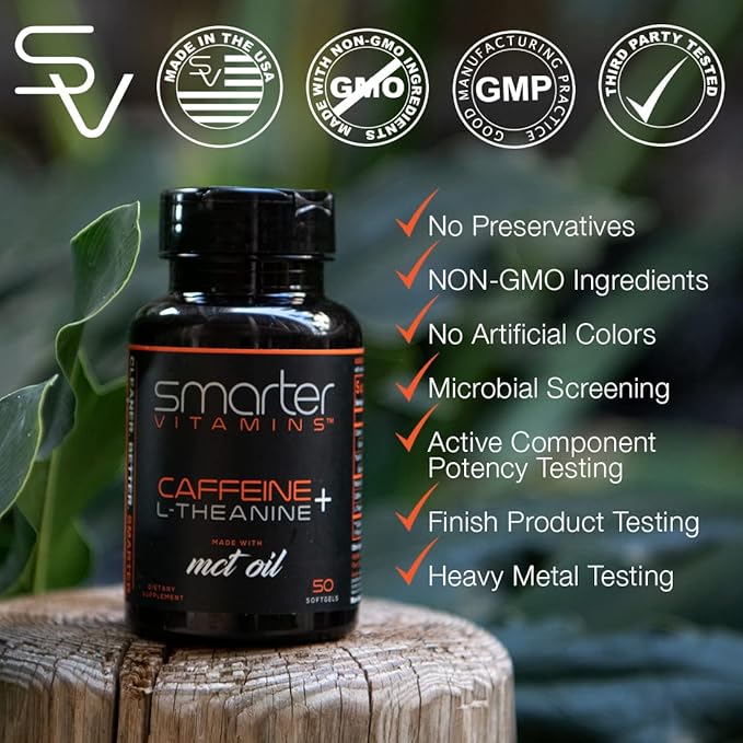SmarterVitamins (3-Pack 200mg Caffeine Pills with 100mg L-Theanine + Coconut MCT Oil Energy and Focus Extended Release Capsule 150 Liquid Softgels