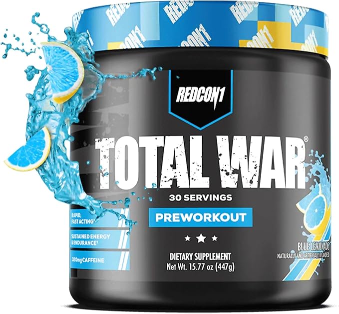 REDCON1 Total War Pre Workout - Beta Alanine + Citrulline Malate Keto Friendly Preworkout for Men &amp Women with 320mg of Caffeine - Fast Acting -Blue Lemonade (30 Servings)
