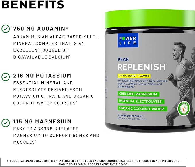 POWERLIFE Peak Replenish - High Absorption Magnesium Electrolyte Powder with Organic Coconut Water and Trace Minerals 30 Servings