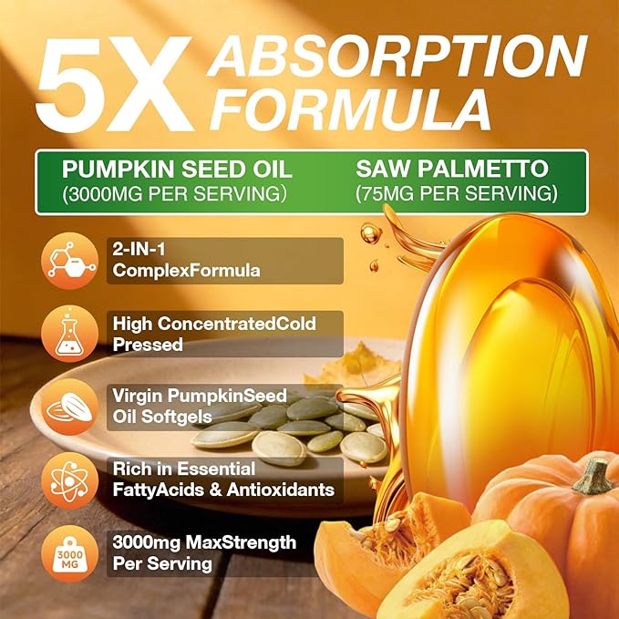 Pumpkin Seed Oil Capsules - Saw Palmetto Pumpkin Seed Oil 300 Softgels Prostate Health Immune and Urinary Tract Support Promotes Hair Growth - Pure Non GMO
