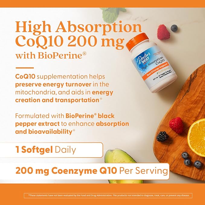 Doctor's Best High Absorption CoQ10 200mg with BioPerine Supplement - Coenzyme Q10 Softgels for Heart Health &amp Antioxidant Support CoQ10 200 mg for Women &amp Men Non GMO - 60 Veg Softgels