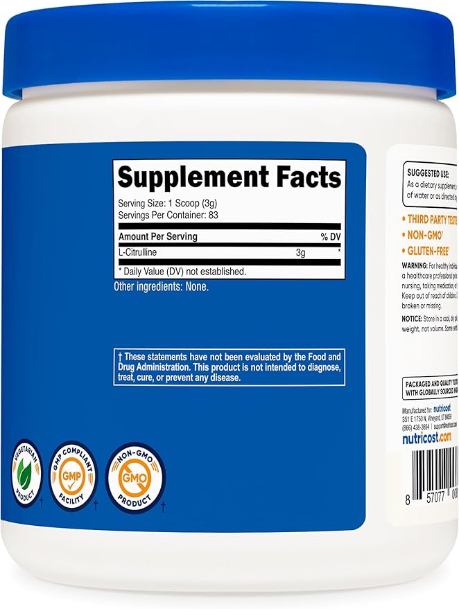 Nutricost Pure L-Citrulline (Base) Powder 250 Grams (Pack of 2)