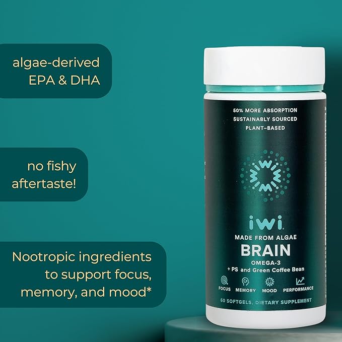iwi life Brain Omega-3 180 Softgels (90 Servings) Vegan Plant-Based Algae Omega-3 with EPA + DHA Focus Memory and Mood Support Dietary Supplement Krill &amp Fish Oil Alternative No Fishy Aftert