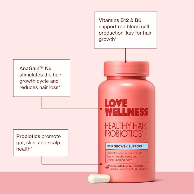 Love Wellness Healthy Hair Probiotics | Support Hair Growth with Biotin and Vitamin B12 &amp B6 | Supplement for Healthy Scalp &amp Thicker Fuller Looking Hair | Safe &amp Effective | 30 Capsules