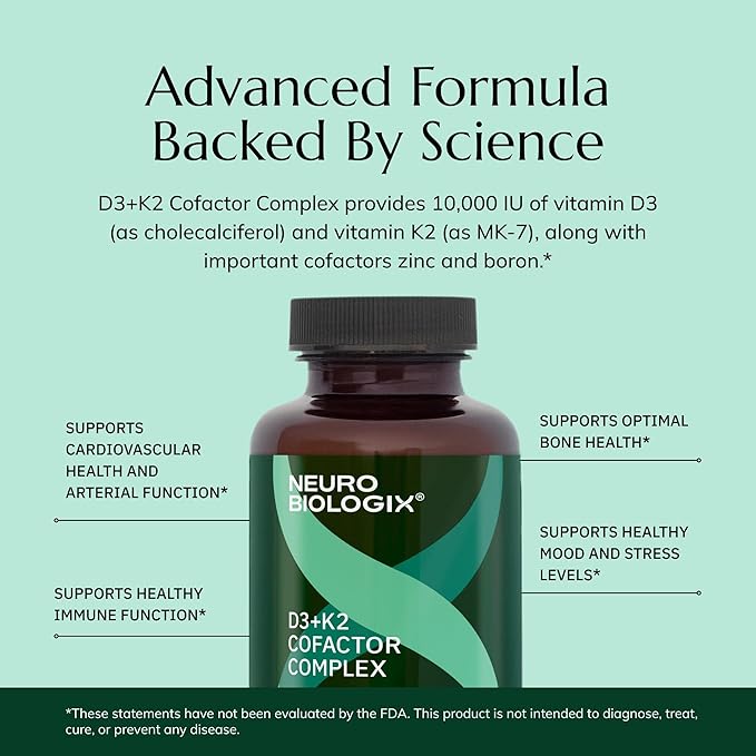 Neurobiologix Vitamin D3 + K2 Cofactor Complex High Potency 10000 IU Vitamin D3 K2 MK-7 Zinc &amp Boron Bone Strength Cardiovascular Sup 60 Capsules