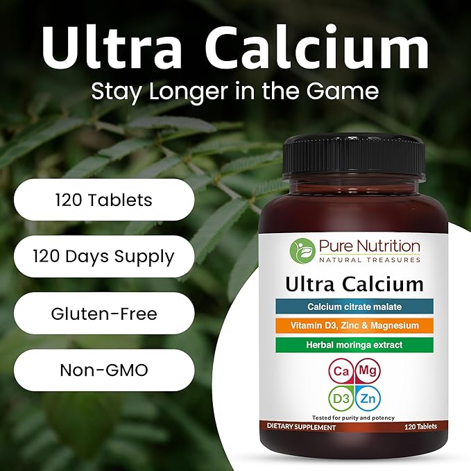 Pure Nutrition Ultra Calcium 1000mg with VIT D3 + K2 | 240 Tabs (120 X Pack of 2) | Calcium Supplement with Calcium Citrate Malate VIT D3 K2 Moringa Oleifera Magnesium and Zinc.
