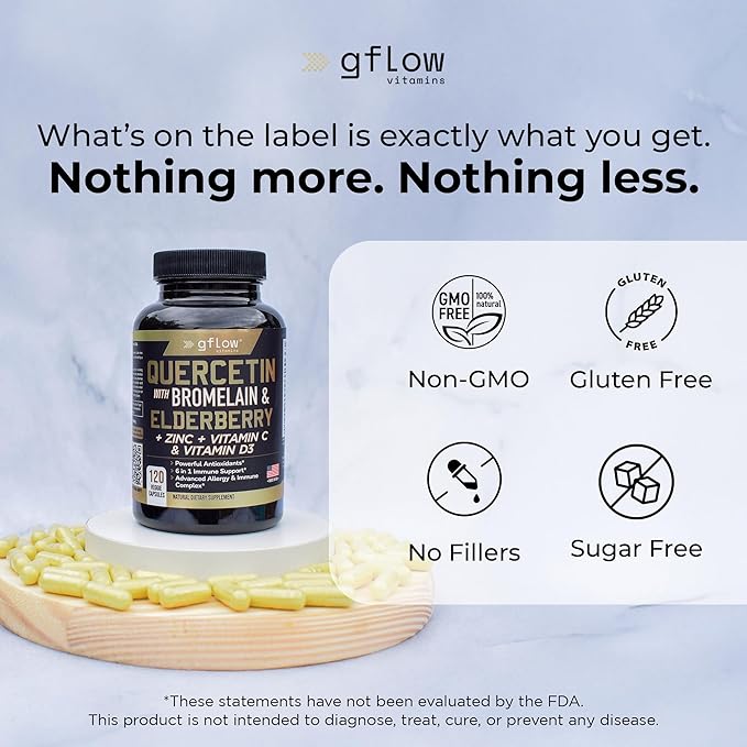 gflow vitamins Quercetin with Bromelain Zinc Vitamin C Vitamin D Elderberry - 120 Veggie Capsules Non-GMO Gluten-Free | Immune Support Supplement | Made in USA | 4 Months Supply