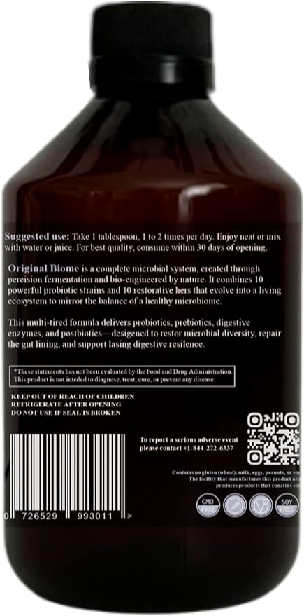 Original Biome Liquid Probiotic Supplement | Certified Organic Tri-Biotic with Prebiotics Probiotics &amp Postbiotics | 10 Probiotic Strains + 10 Fermented Herbs | Slow Fermented | 16 Fl oz