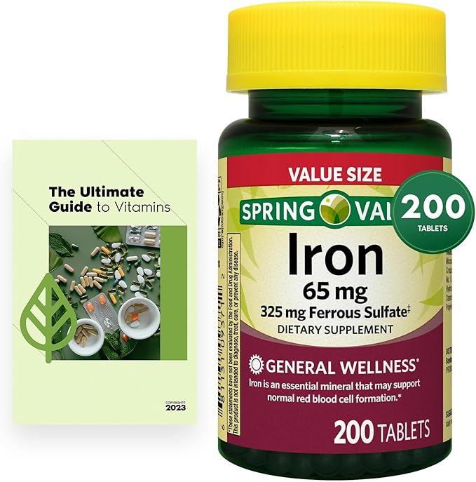 Sprin Val-Ley General Health &amp Wellness Iron Tablets Dietary Supplement Value Size 65 mg 200 Count Over 6 Months Supply + Exclusive Vtmx Vitamin Guide (2 Items)