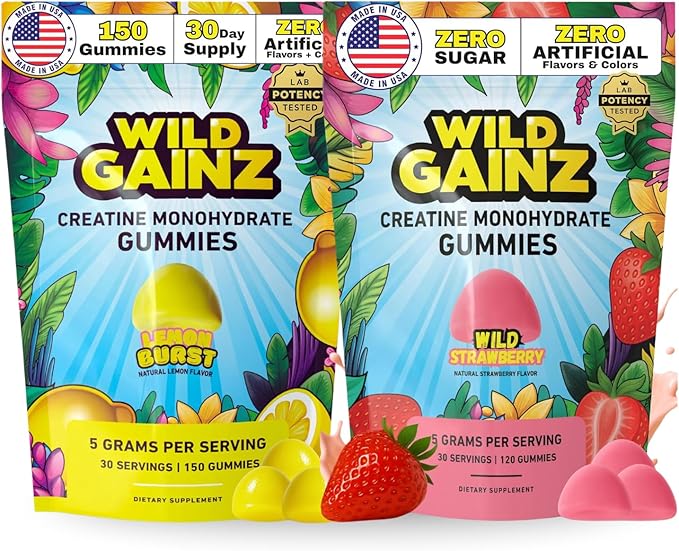 Creatine Monohydrate Gummies Bundle – Strawberry &amp Lemon | 5000mg Sugar-Free Vegan Non-GMO Gluten-Free | Supports Muscle Growth Strength &amp Focus | Made in USA – 270 Total Chews