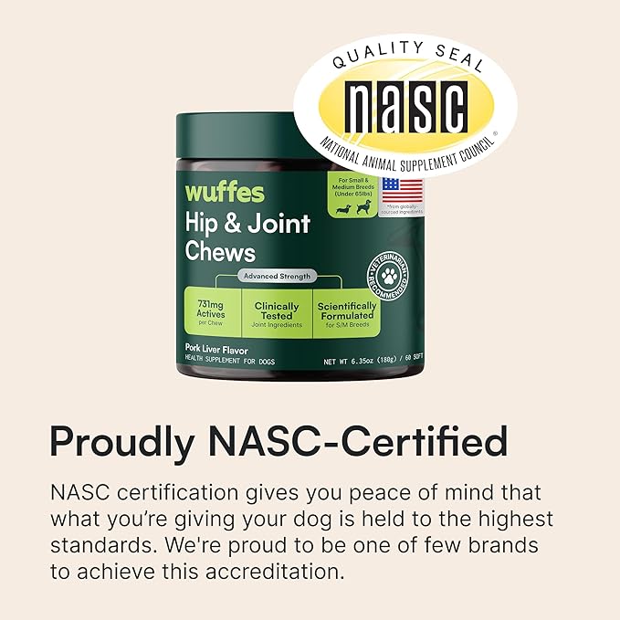 Wuffes Advanced Dog Hip and Joint Supplement with Glucosamine Chondroitin Omega 3 MSM and Green Lipped Mussel 60 Pork Flavored Chews for Small and Medium Dog Breeds