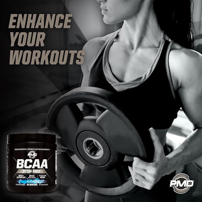 PMD Sports BCAA Stim-Free Amino Acids - Better Workout Performance Enhanced Recovery Daily Energy Muscle Builder and Muscle Sparing - BCAA Powder Drink Mix - Blue Razz (30 Servings)