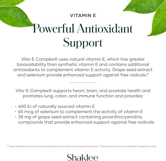 Shaklee - Vitamin E - Supports Heart Brain and Prostate Health -Neutralizing Damage Caused by Free Radicals Vita-E® 400 IU Tablets with Selenium and Grape Seed Extract - 90 Softgels