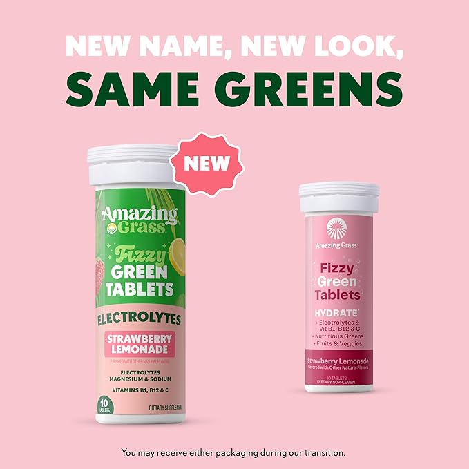 Amazing Grass Electrolyte Tablets Fizzy Greens Water Flavoring Tablet with Vitamins Hydrate Strawberry Lemonade 10 Count (Pack of 6) (Packaging May Vary)