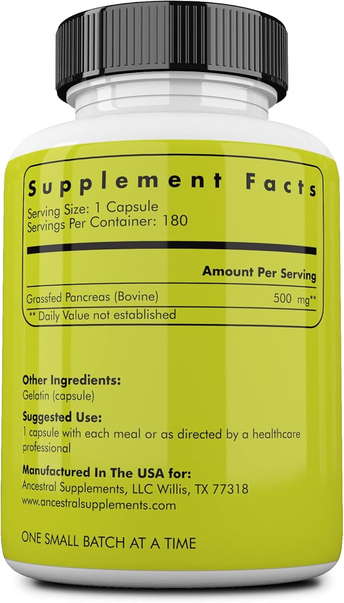 Ancestral Supplements Grass Fed Beef Pancreas Supplement 500mg Pancreatic Support with Proteolytic Digestive Enzymes for Digestion Support Including Trypsin Non GMO 180 Capsules