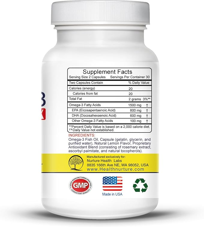 Fish Oil Omega-3 Maximum Strength 1500mg (800 EPA/600 Dha) Pharmaceutical Grade Fish Oil