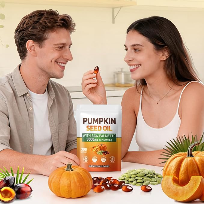 Pumpkin Seed Oil Capsules - Cold Pressed Pure Virgin Oil Essential Fatty Acids and Plant Sterols | 300 Capsules | Supports Hair Urinary Bladder and Prostate Health | Non-GMO