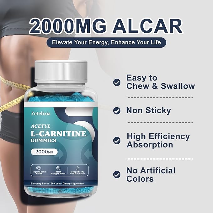 2 Pack Sugar Free Acetyl L-Carnitine Gummies L-Carnitine Supplement for Women &amp Men with Vitamin C &amp B12 ALCAR for Energy Brain &amp Heart Health Support Vegan Non-GMO 120 Count