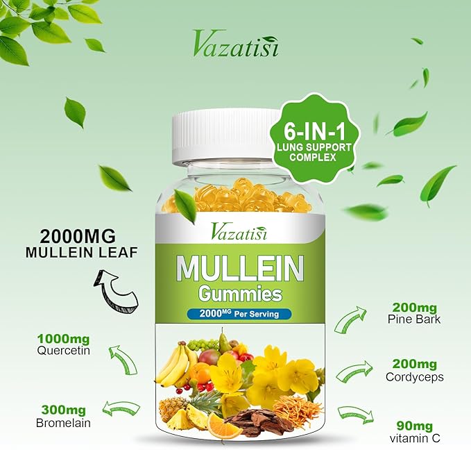 Mullein Gummies Mullein Leaf Extract with Bromelain Quercetin Pine Bark Support Lung Cleanse for Healthy Breathing 120ct