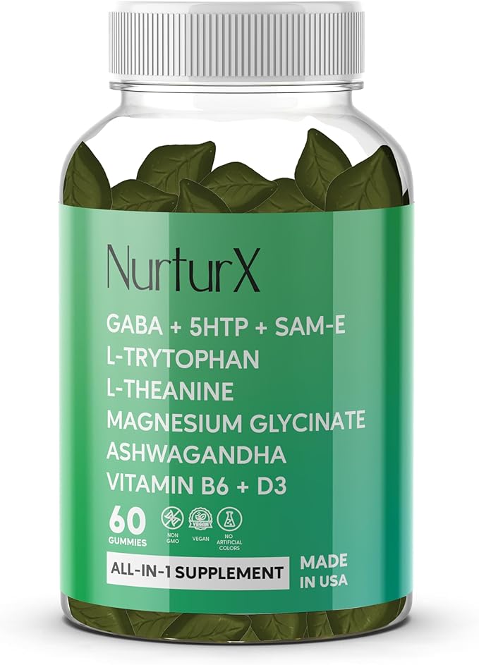 GABA + 5-HTP + SAM-e L-Tryptophan L-Theanine Ashwagandha Gummies All-in-One Natural Supplement Made in USA Vegan 60 Gummies