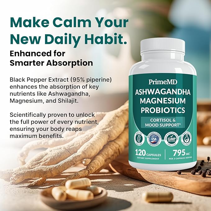5-in-1 Cortisol Supplement for Women and Men with Ashwagandha for Calmness Focus and Adrenal Support Supplements with Shilajit Extract Magnesium Glycinate Probiotics (120 ct) (Pack of 2)