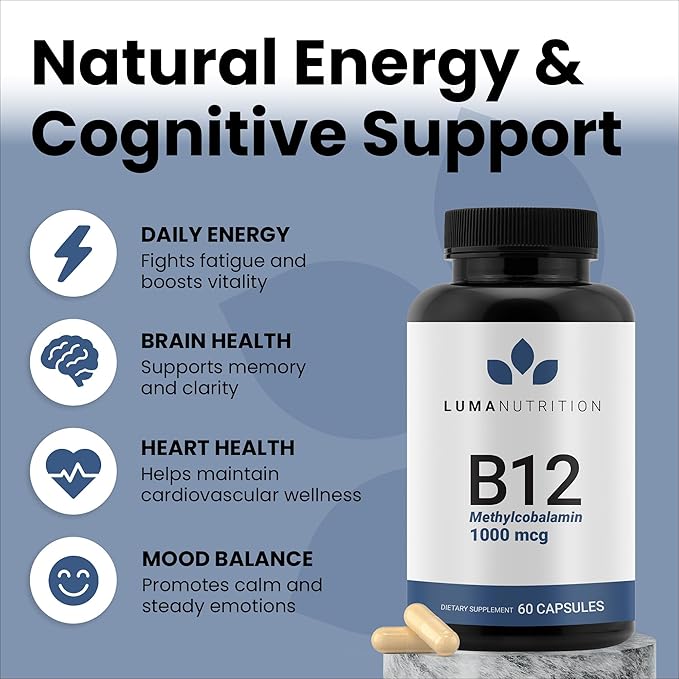 Luma Nutrition Vitamin B12 Methylcobalamin 1000 mcg - High Potency Vegan Supplements for Men &amp Women - Energy &amp Metabolism - Pure B12 Vitamins - 60 Capsules - Made in USA