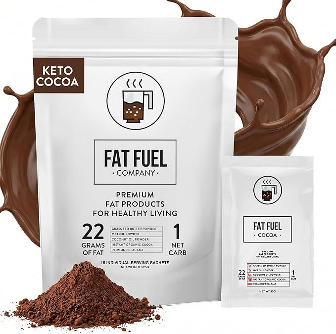 Fat Fuel Keto Cocoa 22g Premium Fats - with Grass Fed Butter MCT Oil Coconut &amp Redmond Real Salt - Instant Organic Cocoa One Net Carb A True Meal Replacement - 15 Servings