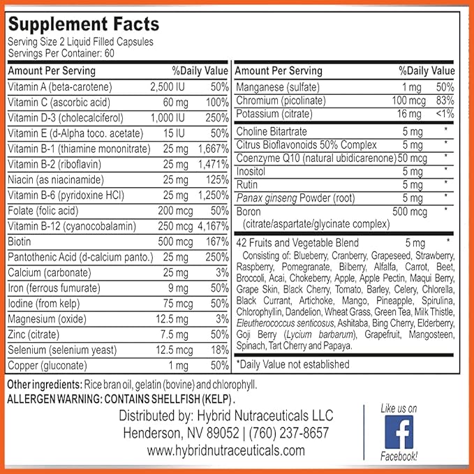 MiracleMulti Liquid Multivitamin Capsules for Men &amp Women - Complete Whole Food Blend Daily Vitamin &amp Mineral Supplement with CoQ10 B12 42 Superfood Enzyme - 120 Softgels