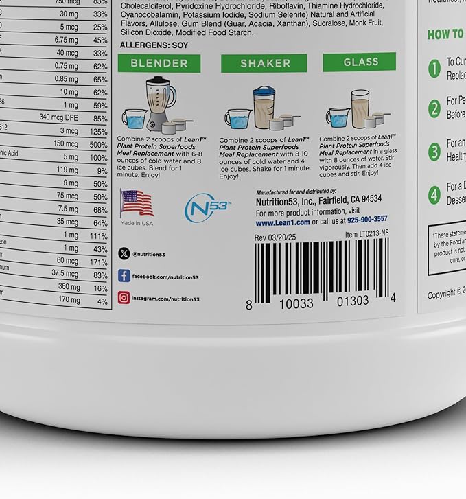 Lean1 Plant Based Protein Powder Meal Replacement Vanilla Flavor Clean Protein 15 Serving