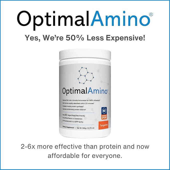OptimalAmino Amino Acid Powder | 99% Utilized Essential Amino Acid (EAA) Supplement | Pre/Post Workout &amp Muscle Recovery | NSF for Sport Certified | Tangerine Flavor