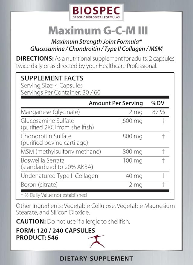 BIOSPEC NUTRITIONALS Maximum G-C-M III - glucosamine chondroitin MSM Boswellia (20% AKBA)