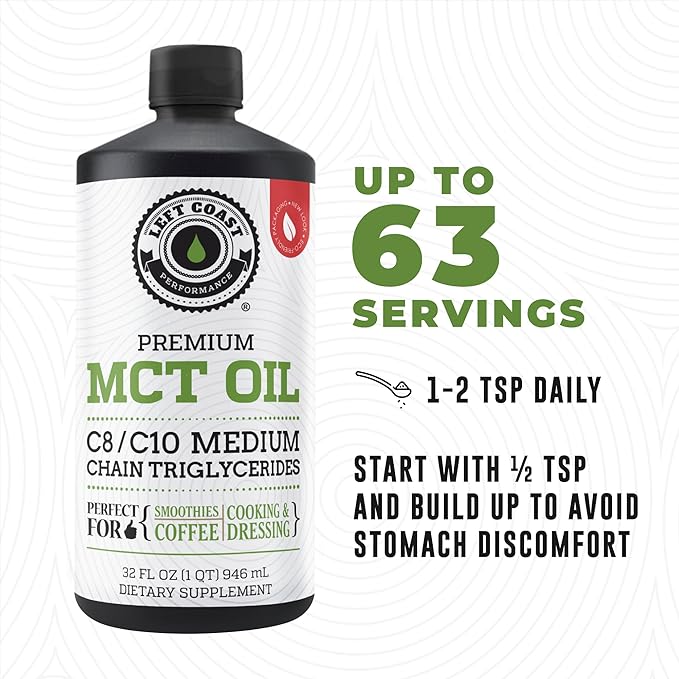 100% Coconut MCT Oil Liquid - MCT Oil C8 C10 for Sustained Mental Energy &amp Focus Support Great for Smoothies Salads Coffee &amp More - Palm Free Vegan Keto &amp Paleo Friendly 60+ Servings (32 F